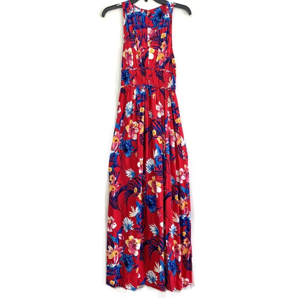 Japna Women's Red Hawaiian Floral Rayon Sleeveless Racer Back Maxi Dress